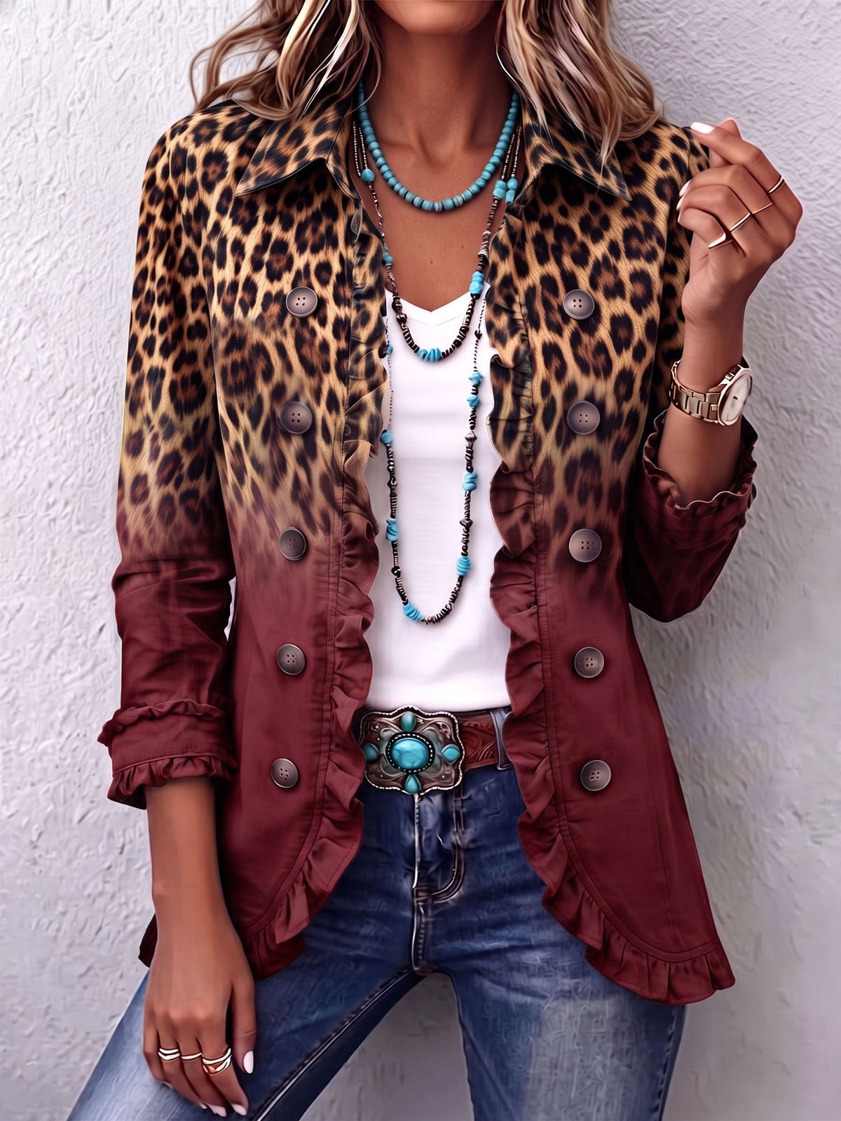 Olimpia | Ombré Leopard Blazer in Burgundy