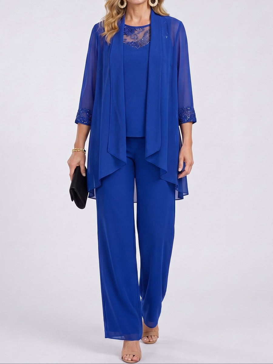 Prisca | Three-Piece Set with Chiffon Jacket, Embroidered Top and Wide-Leg Trousers