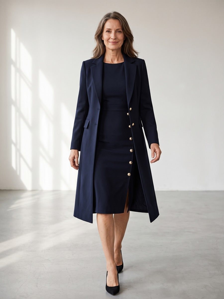 Santina | Long Blazer and Sleeveless Dress Set with Gold Buttons