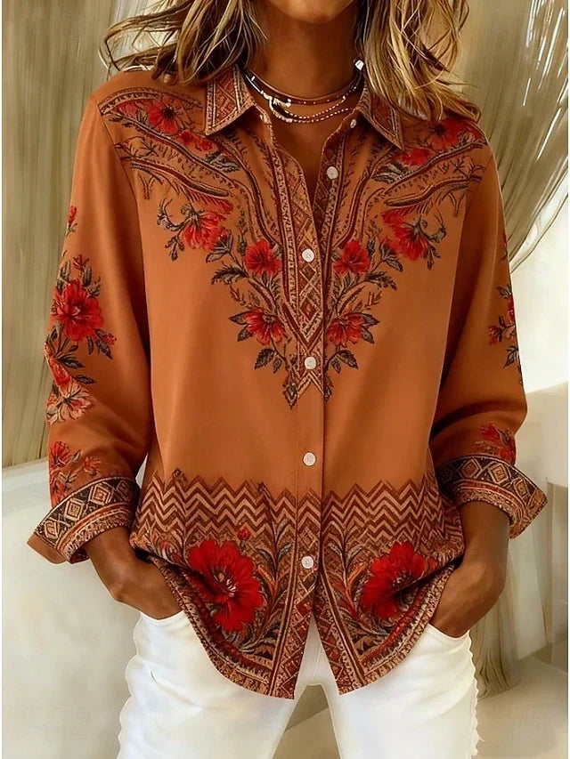 Dawnflora | Artistic Floral Long-Sleeve Blouse in Terracotta