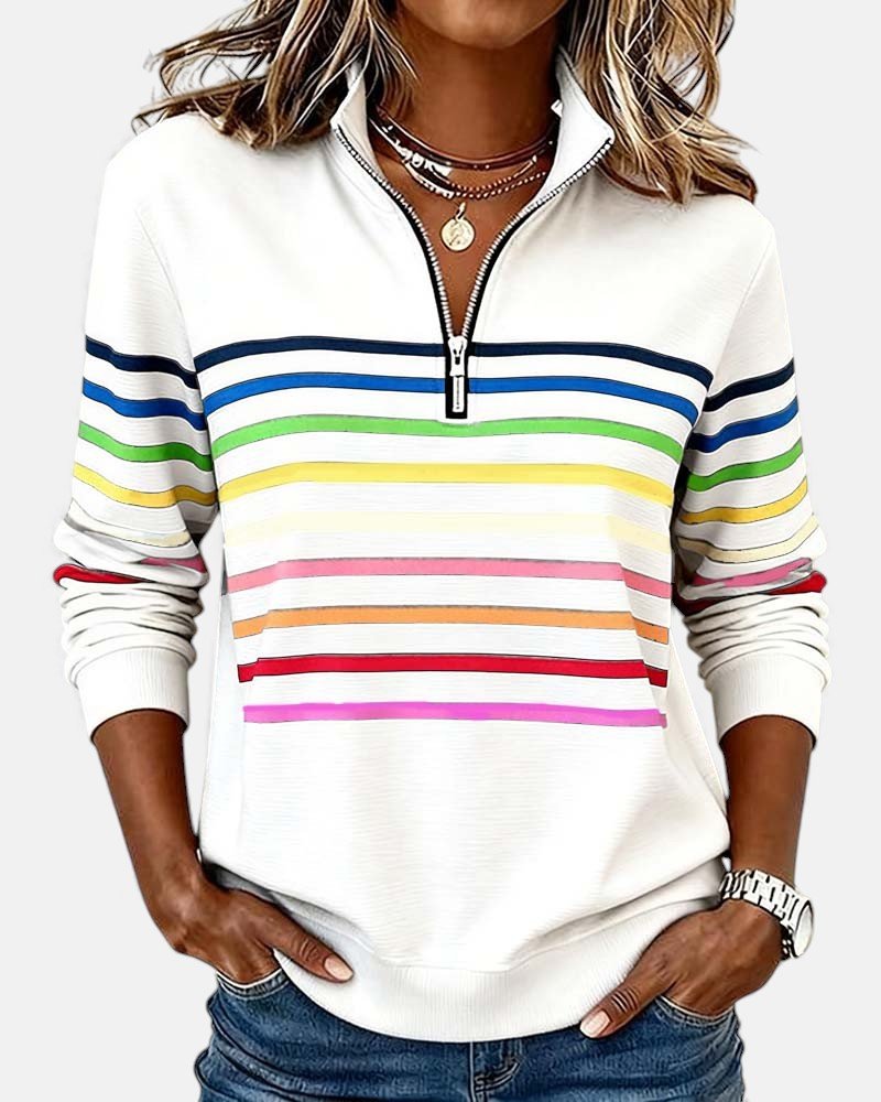 Jeanette | Rainbow Stripe Zip-Neck Sweatshirt