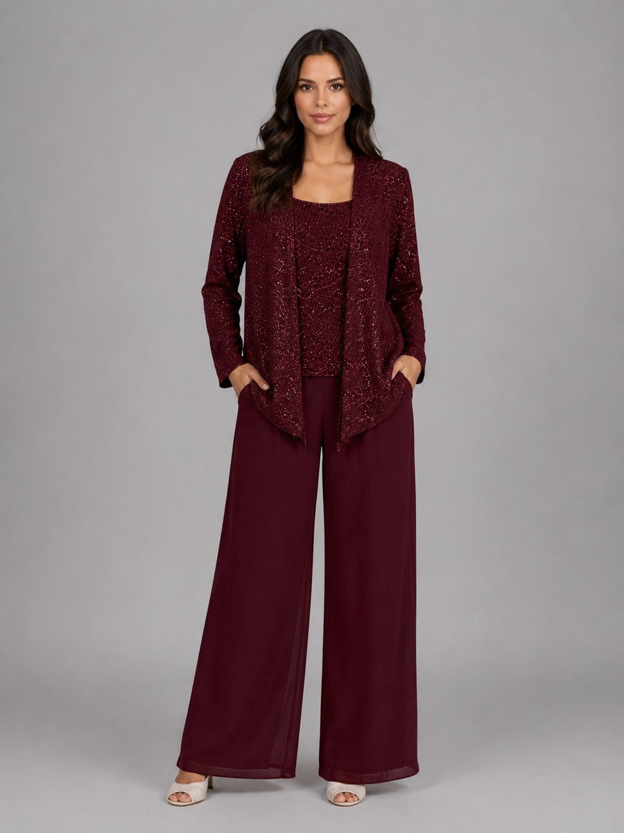Zelinda | Three-Piece Set with Open Sequin Jacket, Top and Wide-Leg Trousers